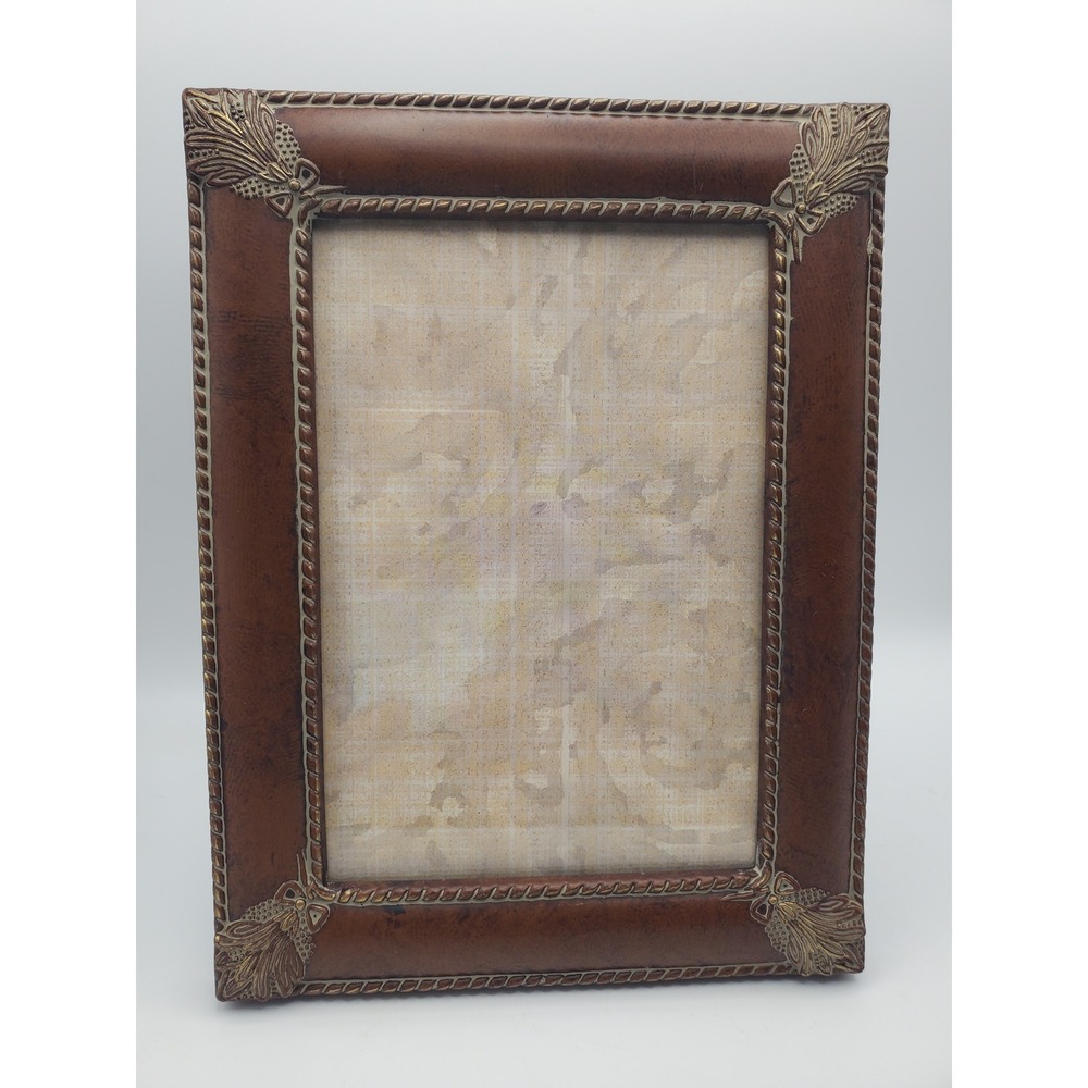 Vintage Style Faux Leather Brown Photo Frame with Metallic Accents